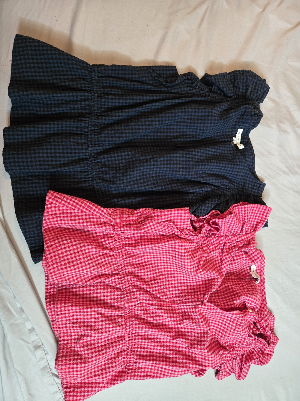 Women's Gingham Peplum Flutter Sleeve Blouses - Navy and Pink